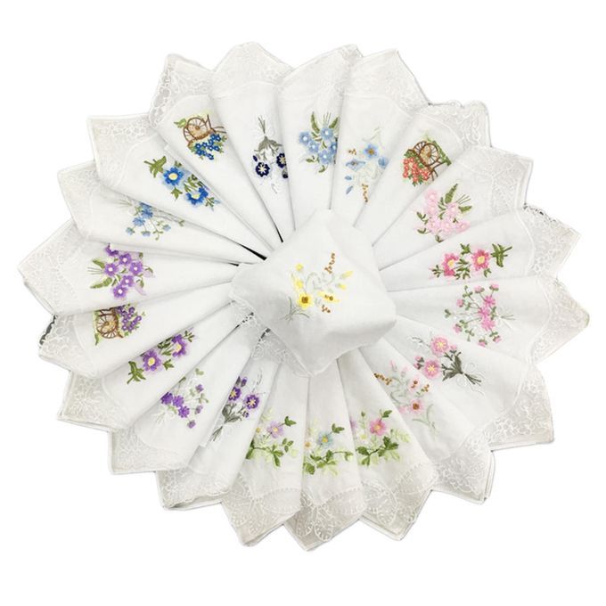 12pc Women's Cotton Handkerchiefs Flower Embroidered With Lace, Ladies