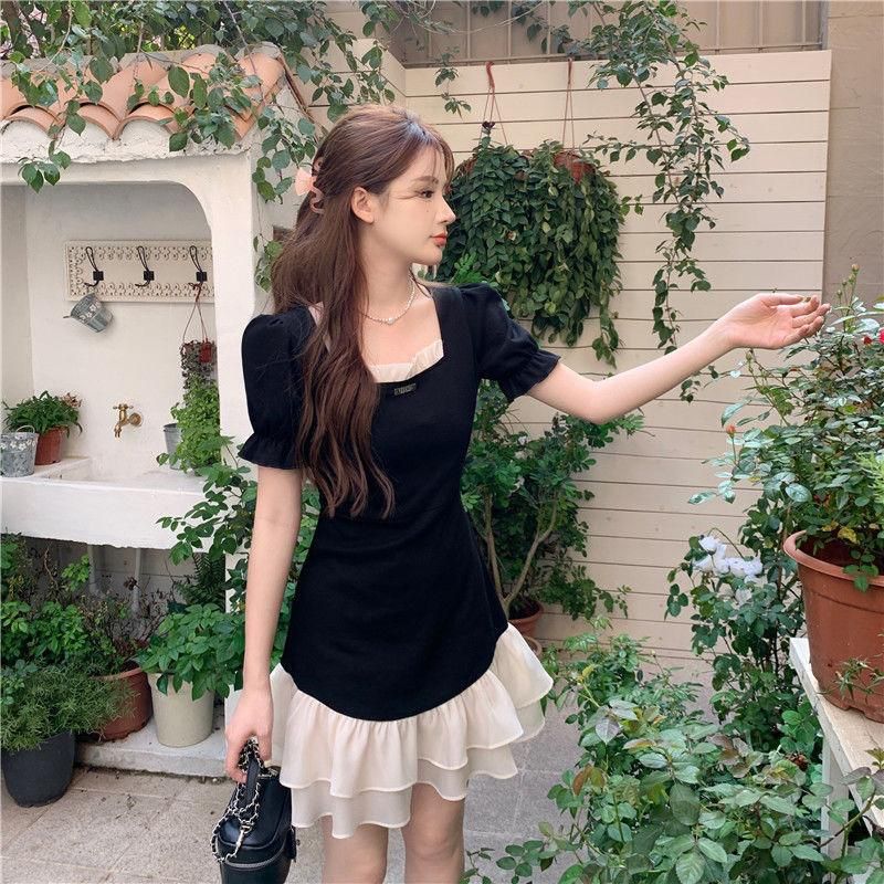 New Large Size Korean Style Sense of Design Contrast Color Square Collar Short Sleeve Dress for Women 2023 Summer Tight Waist Slimming Youthful-Looking Short