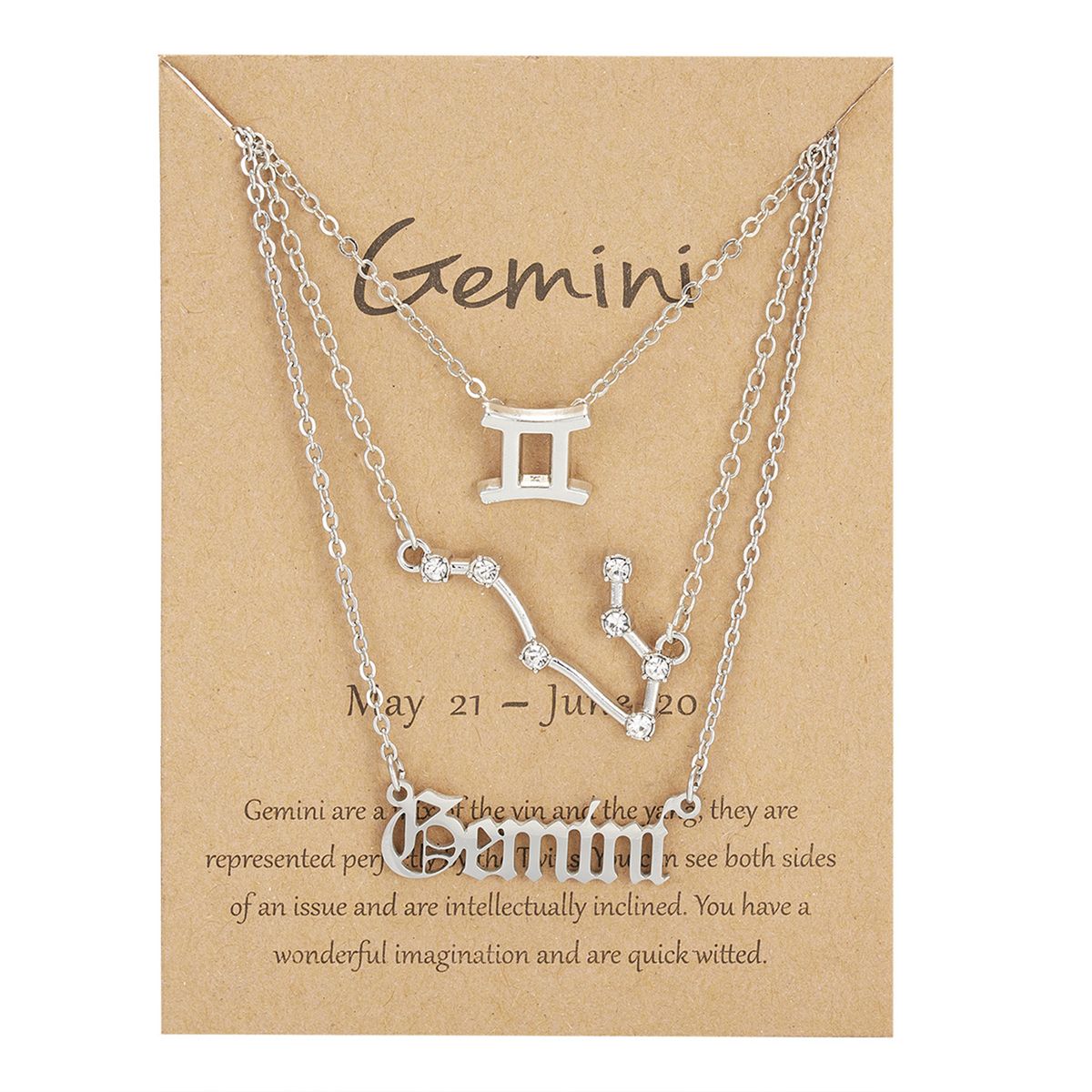 Twelve Constellations Symbol Starry Sky Pendant Necklace Silver Gemini