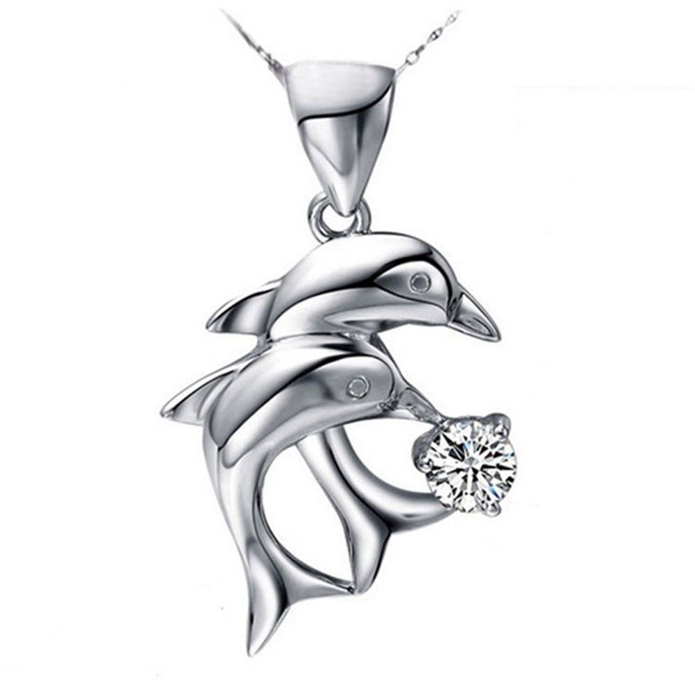 Elegant Women's Double Dolphins Jump Rhinestone Inlaid-White