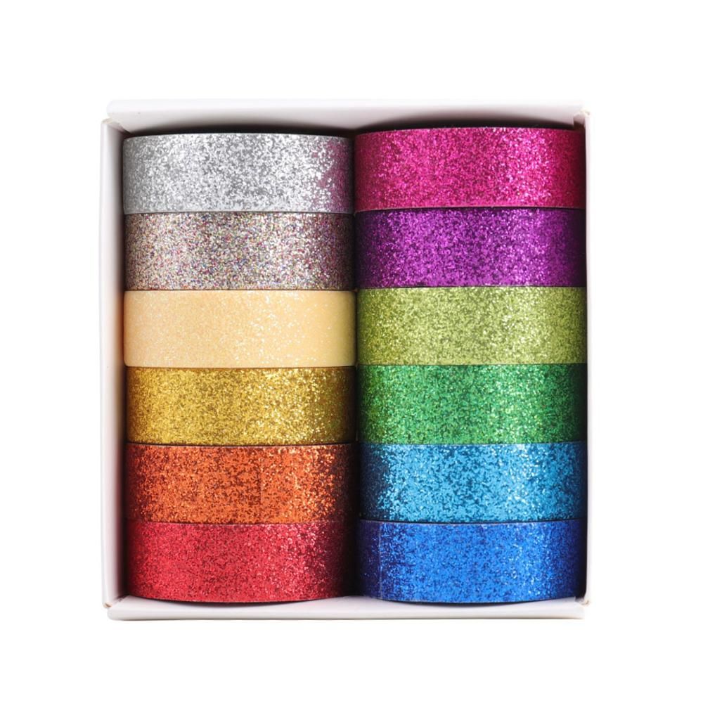 12pcs Macaron Color Washi Tape Set 15mm Glitter Adhesive