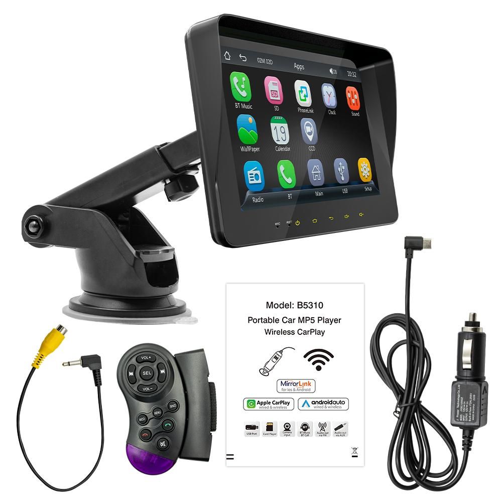 7 Inch Car Stereo MP5 Player BT Hands-Free Calling FM Radio Support Carplay Android Auto Phone Link Reversing Assist Dual USB with Steering Wheel Remote Controller Adjustable Bracket