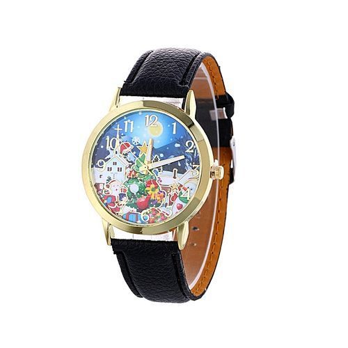 Christmas Cartoon Pattern Dial Analogy Display Quartz Women Wrist Watch-Black