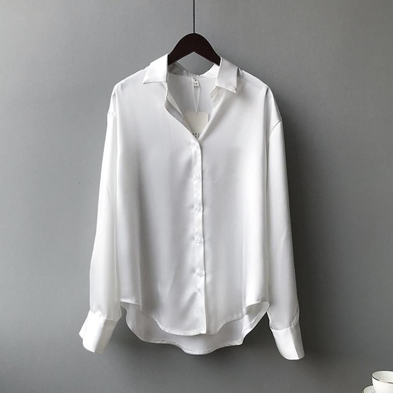 Off-White Button Down Satin Silk Shirt Long Sleeve Ladies Women Top Blouse
