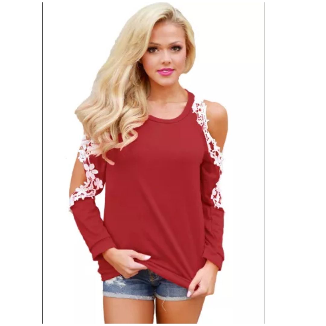 Mfed Trim Cold Shoulder Burgundy Long Sleeve Top