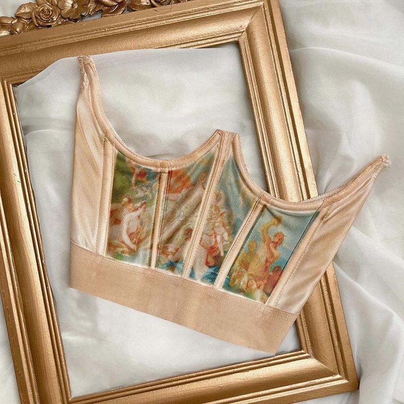 Crown Shaped Croset Women Fashion Accessories Oil Painting Print Elastic Cincher With Chest Support Tops