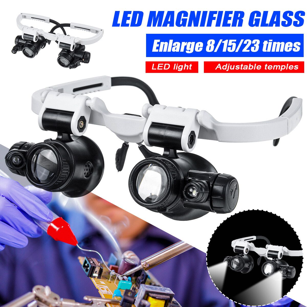 Magnifier Magnifying Eyes Loupe Jeweler Watch Repair Dual LED Light Lens