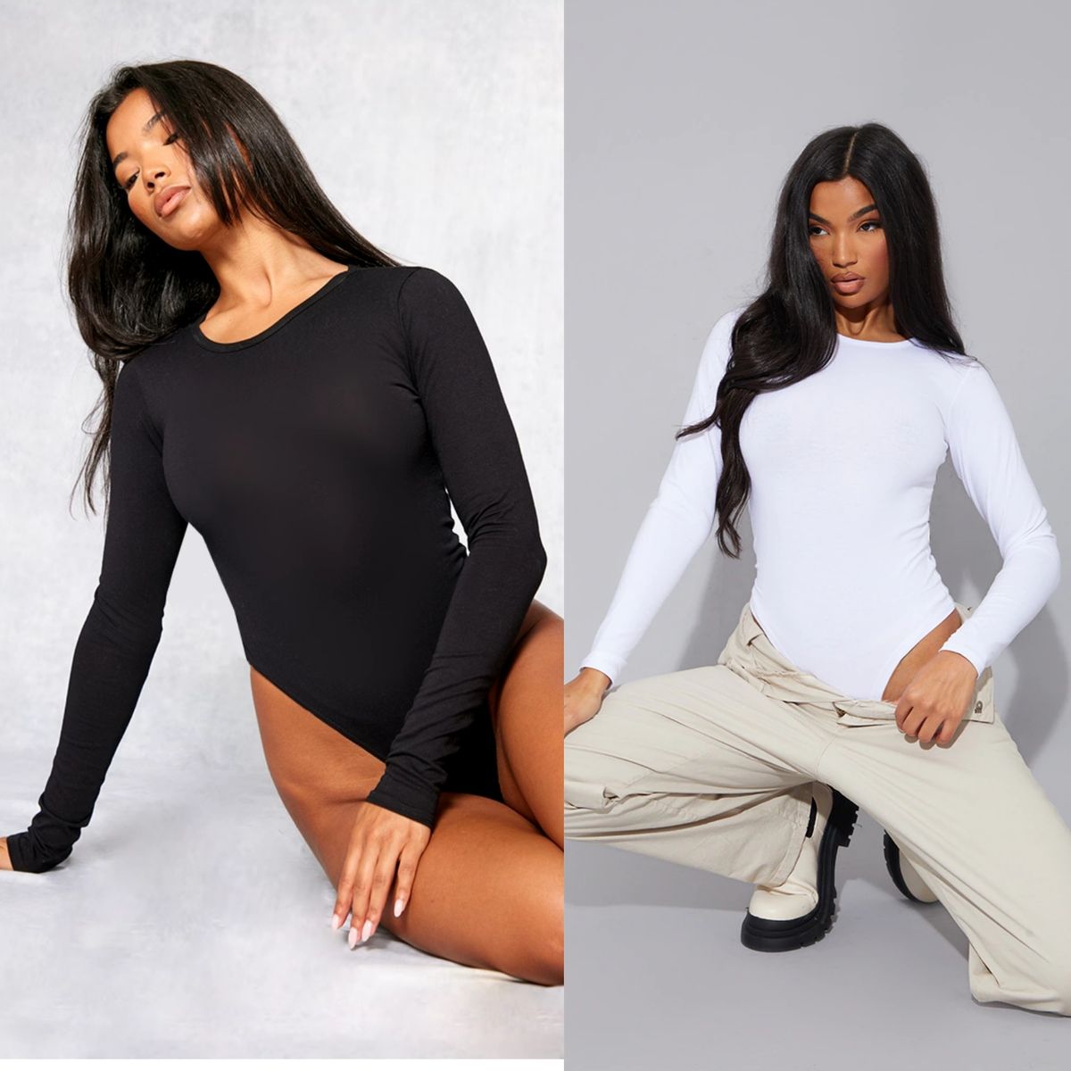 Long Sleeve Round Neck Bodysuit - Black & White