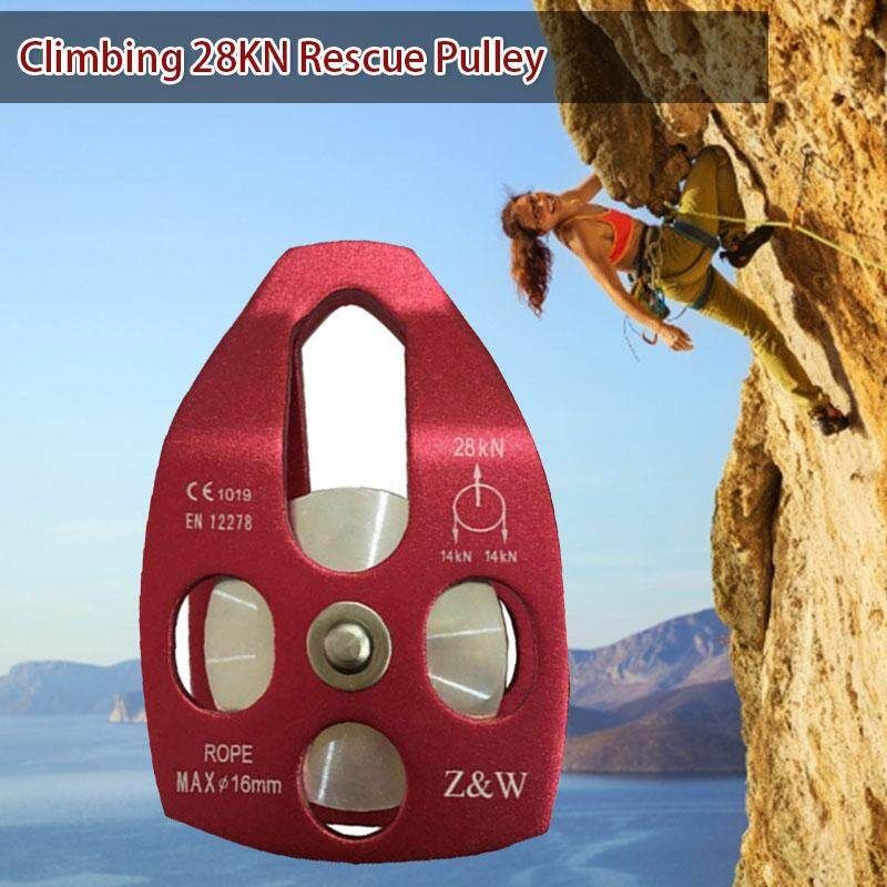 28KN Aluminum Alloy Mobile Side Pulley Axxcssqw 9 Brock Climbing Single Sheave Ball Bearing Rescue Pulley With Swing Plate Surface Polishing Red