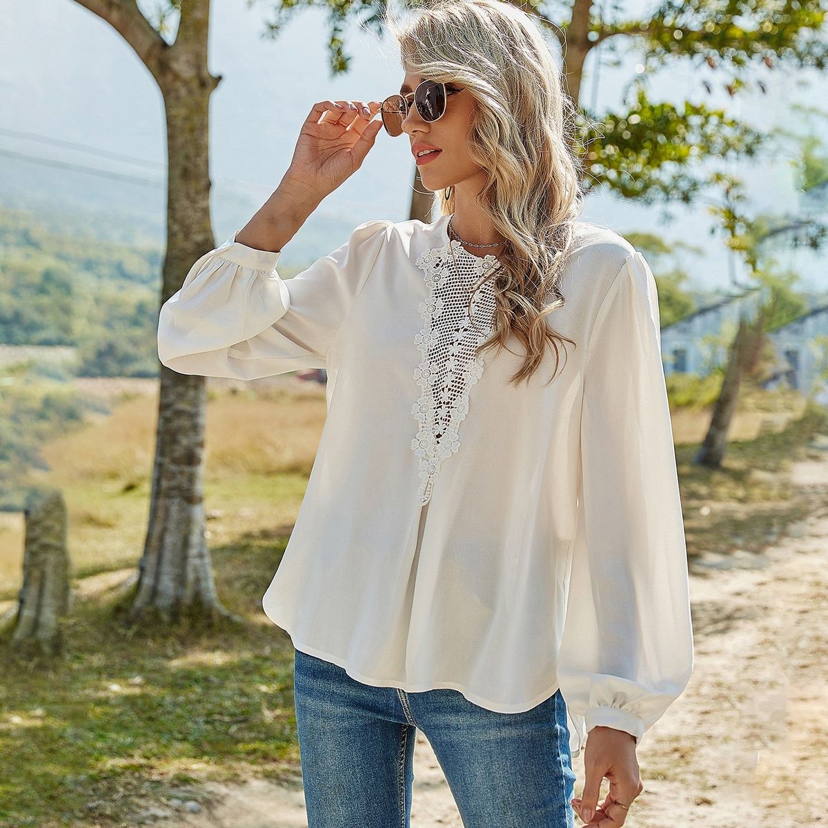 Women Lace Blouse Hollow Out Floral Pattern Thin Shirt