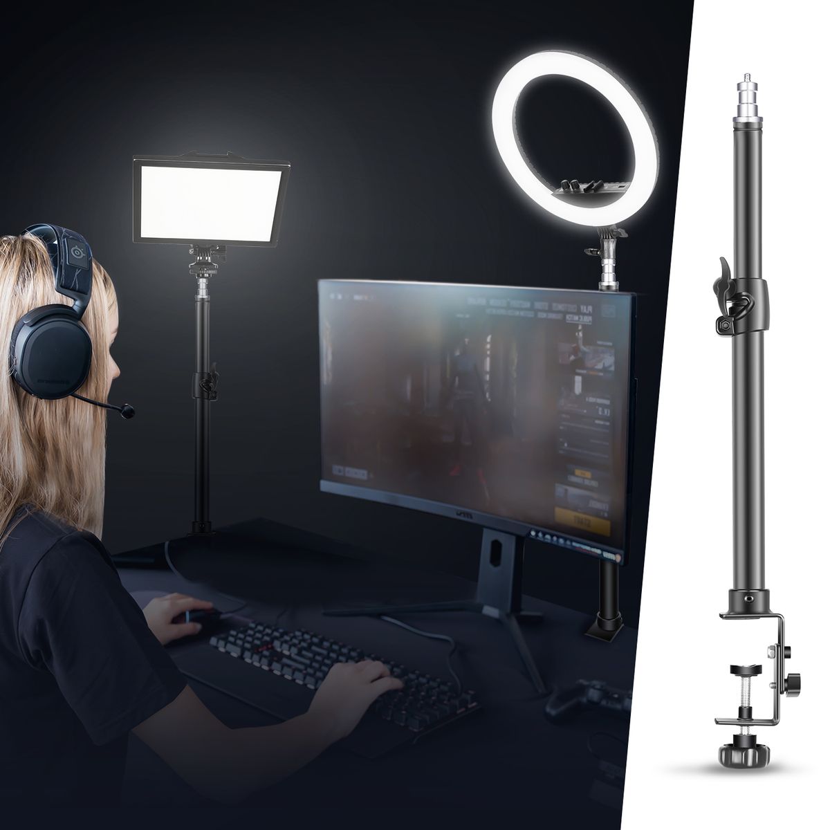 Tabletop Light Stand Clip Stand With 1/4inch Screw For Ring Light And LED Light, Aluminum Alloy, Adjustable 12.5-20.6 Inches/32-52cm For Make Up, Live Streaming, Photo Video Shooting