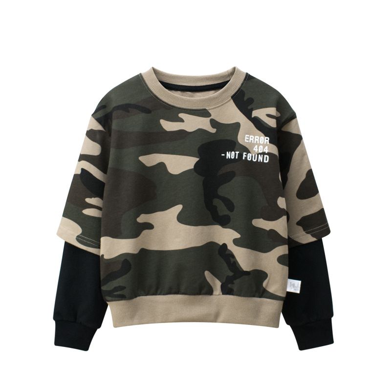 100% Cotton False Two-piece Kids Long Sleeve Boys Pullover Sweatshirts-Khaki