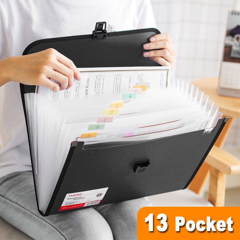 Portable 13 Pockets A4 Size Expanding Wallet File Folder Paper Document Storage Organ Bag Holder Office School Organizer Case Black