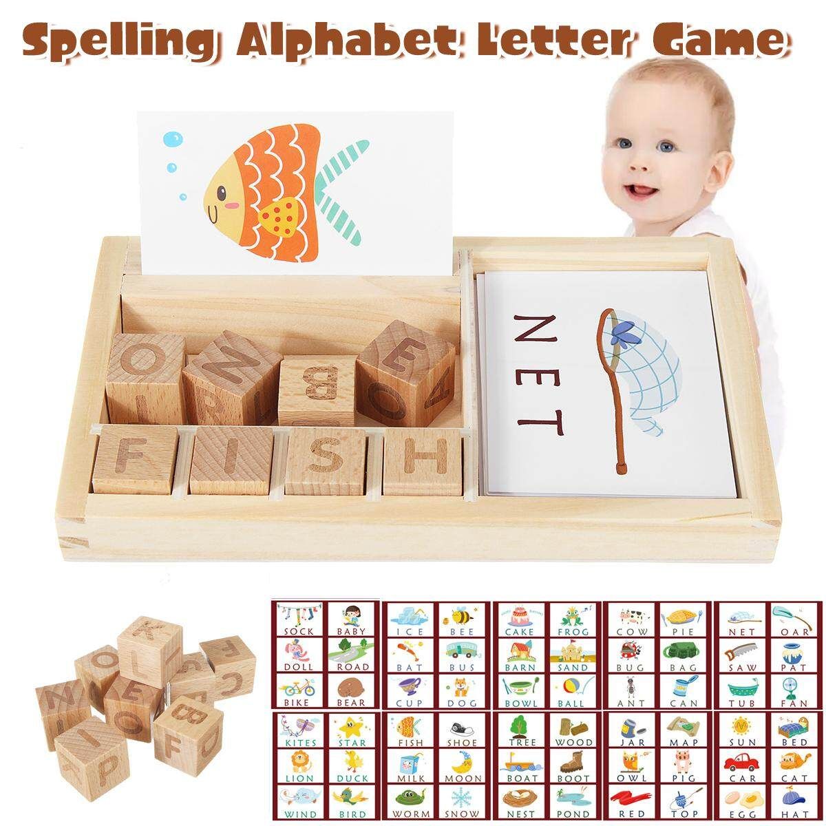 Children's Intellectual Development Toy Wooden Spell Alphabet Puzzle Developmental Letters Blocks With Cards Board Develops Vocabulary