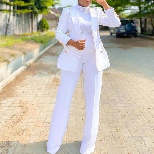 Women Blazer Sets Buttons White Wide Leg Pant Suits Fashion White