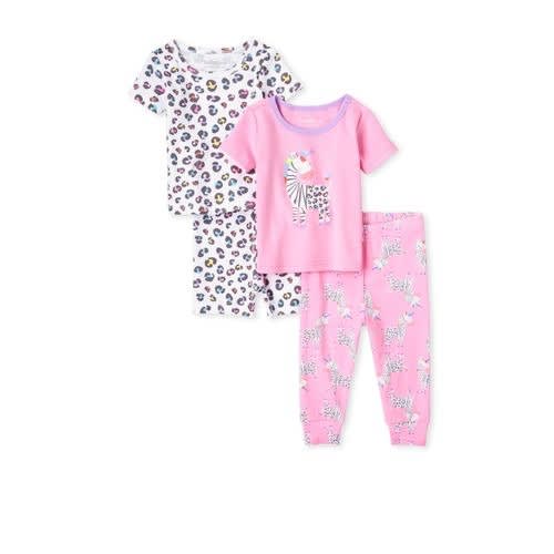 Girls Zebra Leopard Short Sleeve Cotton Snug Fit Pyjamas Sleepwear- 4pcs