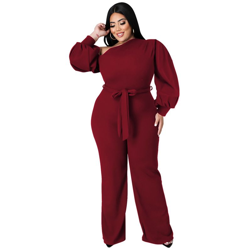 (Red)Plus Size Jumpsuit Women With Sashes  Salsh Neck Solid Color Chic Lantern Sleeve Ladies Long Rompers Wholesale Dropshipping SAB