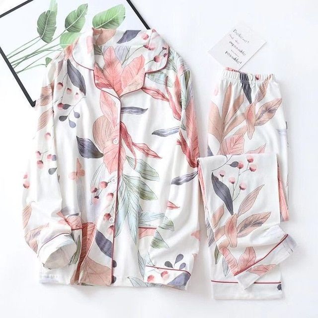 Women's Pajamas  Spring Leaves Printed Women's Pajama Cotton Plus Size Two-piece Set