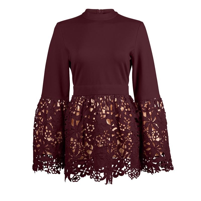 Women Flower Lace Tops Patchwork Muslim Islamic Arab Tunic Bell Sleeve-Wine Red