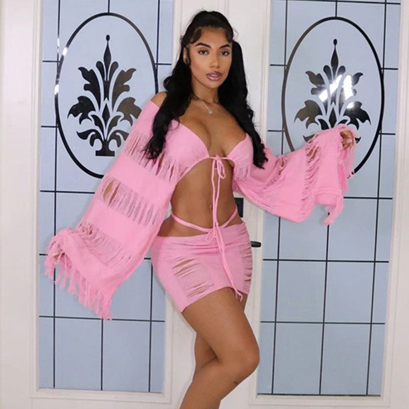 (W23S27171P1)2023 Crochet Beach Cover Up Sexy Bikinis Cover-ups Summer Hollow Out  Long Sleeve Top Tassel Bodycon Mini Skirt Set Party Dress SMA