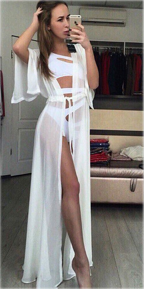 (White)Summer Lady Beach Cover Up Sexy Bikini 2023 Chiffon Long Dress For Women Solid Beach Dress Women Bathing Suit Beach Tunic Kaftan SMA