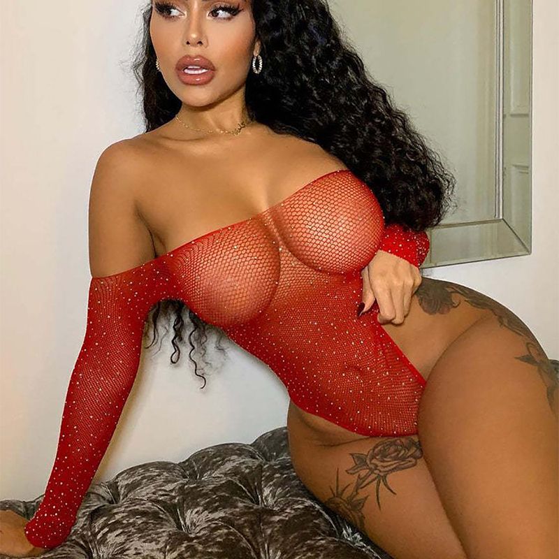 (18-red)Summer Beach Wear Cover Ups Strapless Diamonds Mesh Crochet Transparent Dress Woman Swimsuit Cover Up Fishnet Clothing 2023 SMA