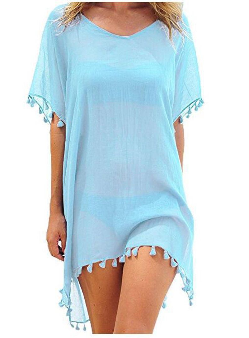 (Sky Blue)Women Beach Cover Up Lace Hollow Crochet Swimsuit Beach Dress Women 2021 Summer Cover-Ups Bathing Suit Ladies Beach Wear Tunic SMA