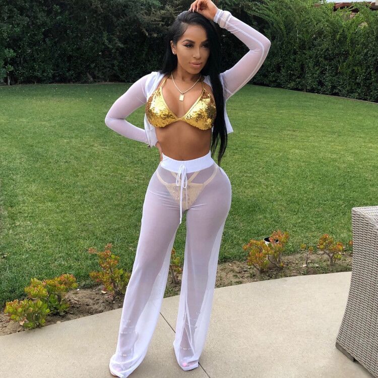 (White)Two-piece Mesh Sets Women Sexy Swimsuit Cover-Ups Holiday Beach Wear Long Sleeve Hooded Crop Tops+Long Pants Sheer Sets SMA