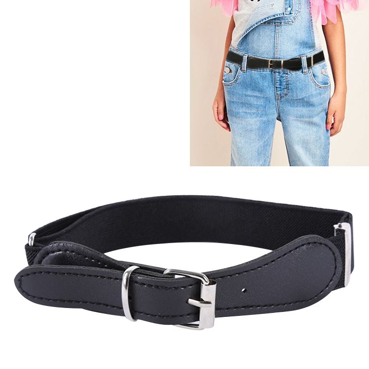 2 PCS Kids Polyester + PU Leather Square Pin Buckle Adjustable Elastic Belt, Length:65cm(Black)