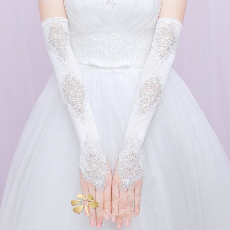 Opera Length Sheer Lace Satin Long Bridal Gloves Wedding