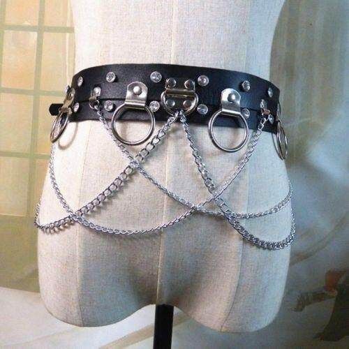 Punk Faux Leather Belt Metal Chain Ring Waist Strap Dance Gothic Binding Harness Black (black)