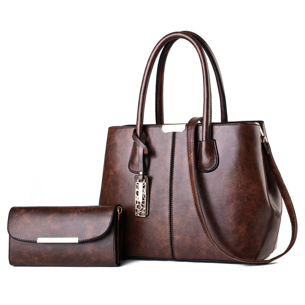 Elegant Glossy PU Leather Large Capacity Handbag-Brown