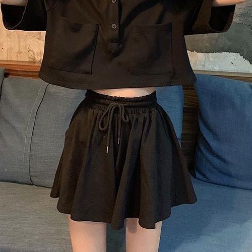 (black Skirts)Women Sets Chic Cargo Style Korean Design Simple Loose Pocket Crop Top High Waist Wide-leg All-match Shorts Summer Femme Outfits GRE