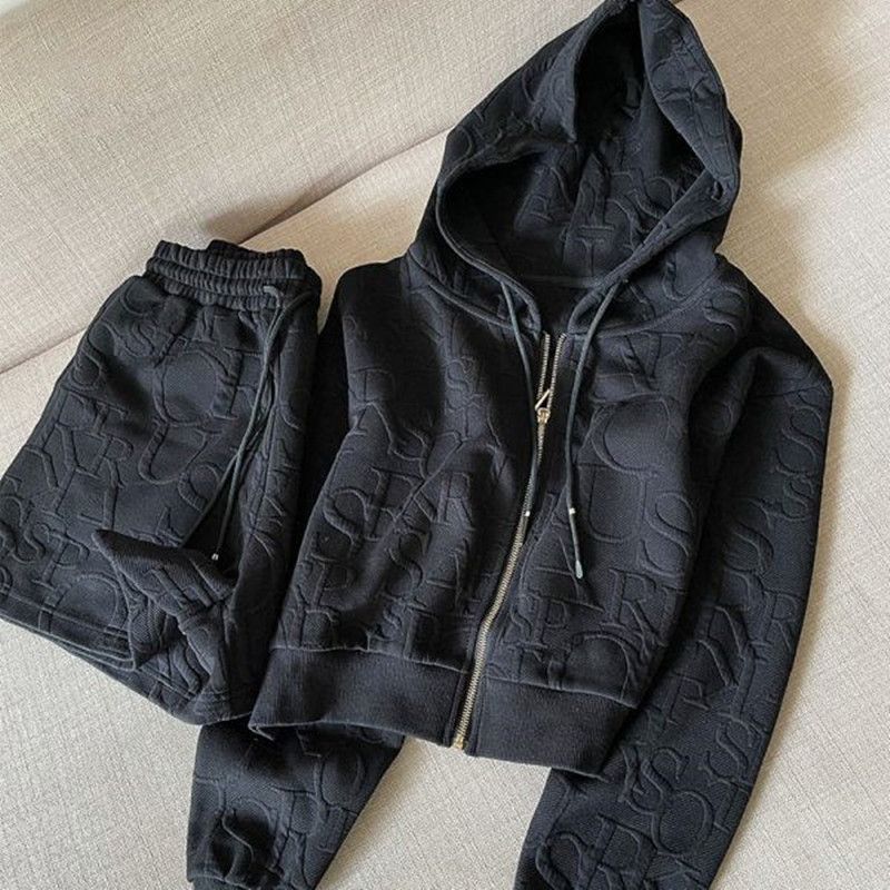 (black)Joinyouth 2022 Fashion Tracksuit Hooded Zipper Sweatshirt 2 Piece Set Women Letter White Tops Wide Leg Shorts Pants Korean Suit GRE