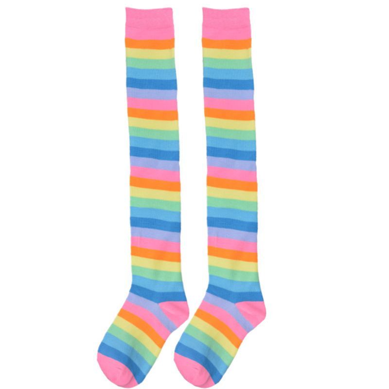 (Pink)2023 New Women Girls Cute Mixed Colored Rainbow Striped Long Boot Thigh High Stockings K SMA