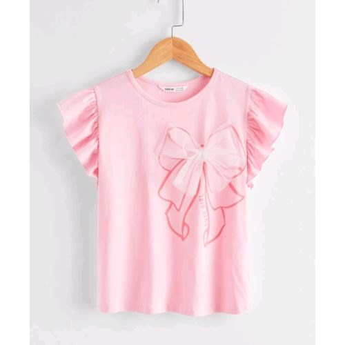 Girls Graphic Tutu Bow Frills Top- Pink