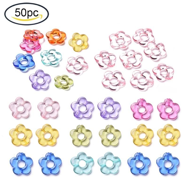 50PCS Transparent Acrylic Bead Flower Loose Spacer Beads for DIY Jewelry Making Bracelet Necklace Girls DIY Supplies Accessories