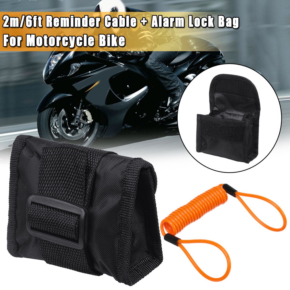 2m/6ft Reminder Cable + Alarm Lock Bag For Motorcycle Bike
