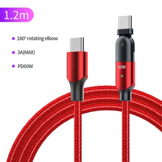 5A USB Type C To Type C PD Quick Charging Cable 60W 100W 180 Degree Rotating Elbow Type C Data Kable For Samsung Huawei Xiaomi