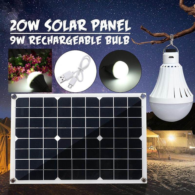 Portable 9W USB LED Light Emergency Rechargeable Bulb Cool White + Polycrystalline Solar Panel Lantern W/ Switch Tent Light Hanging Handy Night Lights Outdoor Camping Lamp