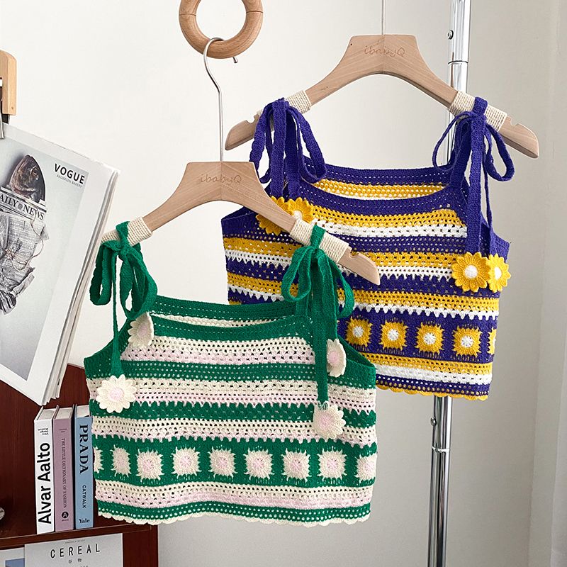 (LEMON GREEN)OUMEA Women Knitting Stripe Crochet Crop Tops Summer Bow Tied Strap Bright Color Patchwork Floral Casual Sweet Short Tops WEF