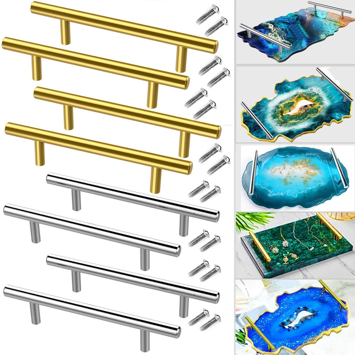 8 PCS Gold Silver Handles Resin Tray Molds Handles Epoxy Tray Handles Hardware Stainless Steel For Silicone Serving Tray Handles