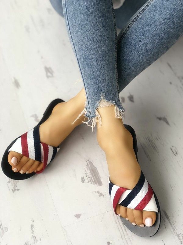 Contrast Striped Ladies Flat Slippers
