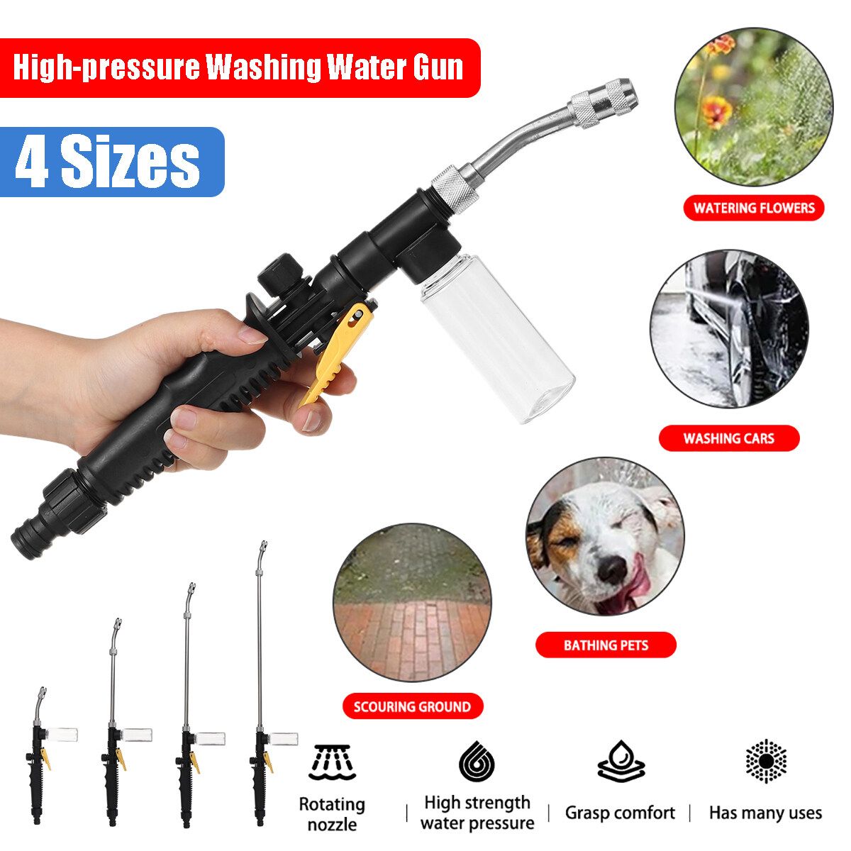 34/52.5/62.5/77CM 2-in-1 High Washer With Foam Bottle Adjustable Detachable For Wood Brick Concrete Plastic Glass Clean Black 62.5CM
