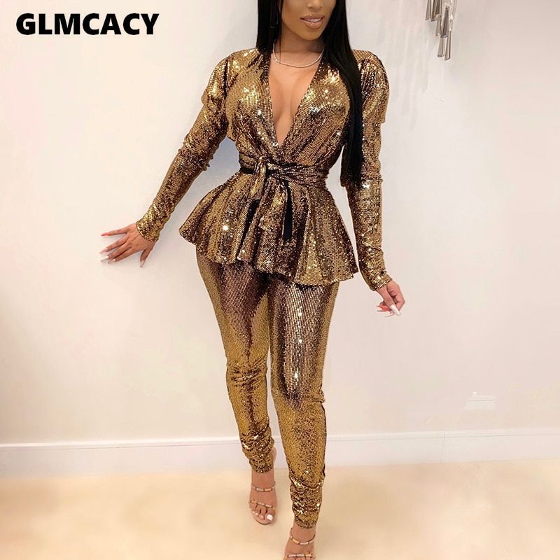 Women Plus Size Office Ladies Sequined Autumn 2 Two Piece Set Top And Pants Elegant Female Casual Business Suits（#Gold）