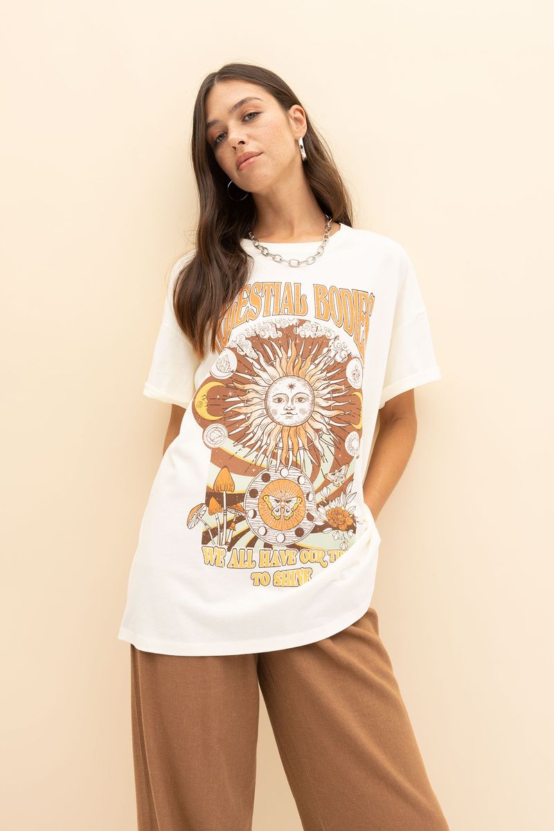 Woman Young Oversize Fit Crew Neck Knitted Short Sleeve T-Shirt - Ecru