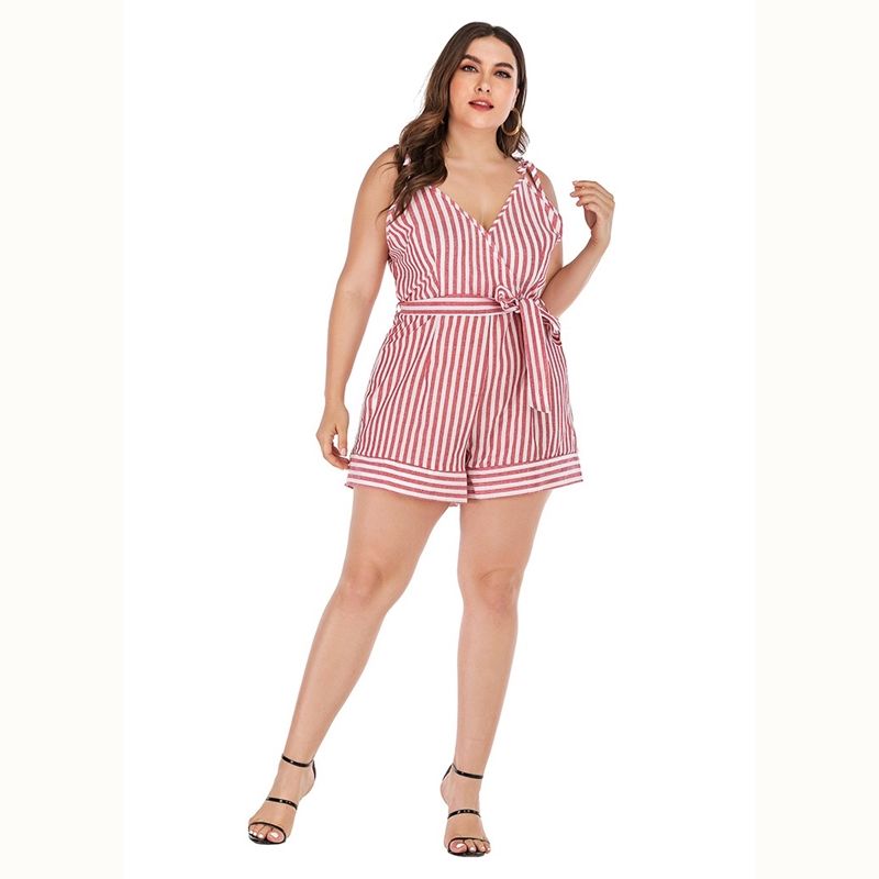 1058 XL-4XL Striped Sleeveless Overall Big Size Playsuit Women Romper Red