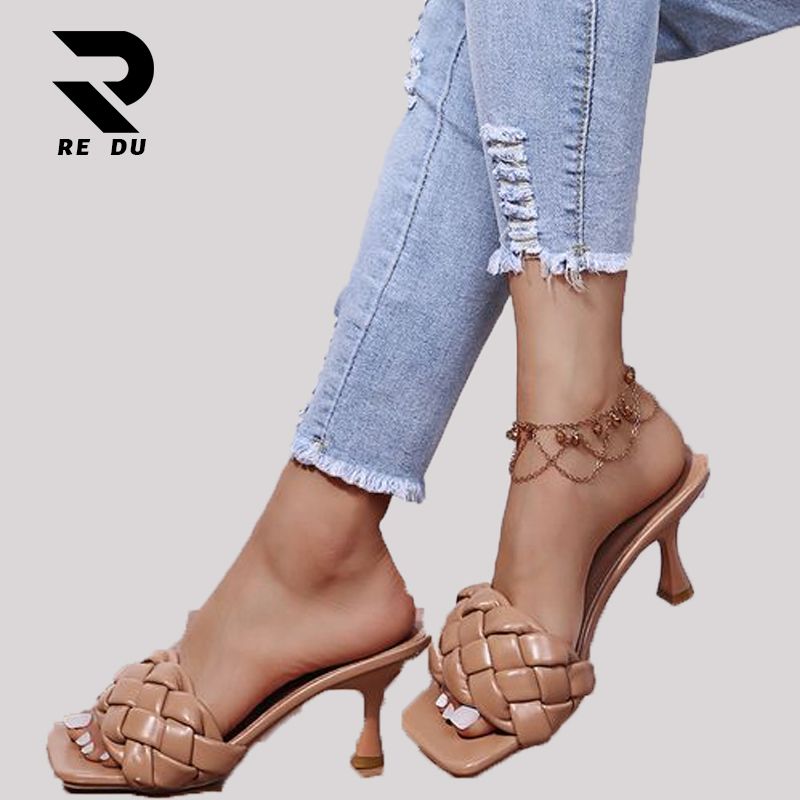Weave Designer Women Slipper Ladies Thin High Heel Sandal New Summer Slip-On Open Toe Brown Outdoor Slides Flip Flop Shoe41
