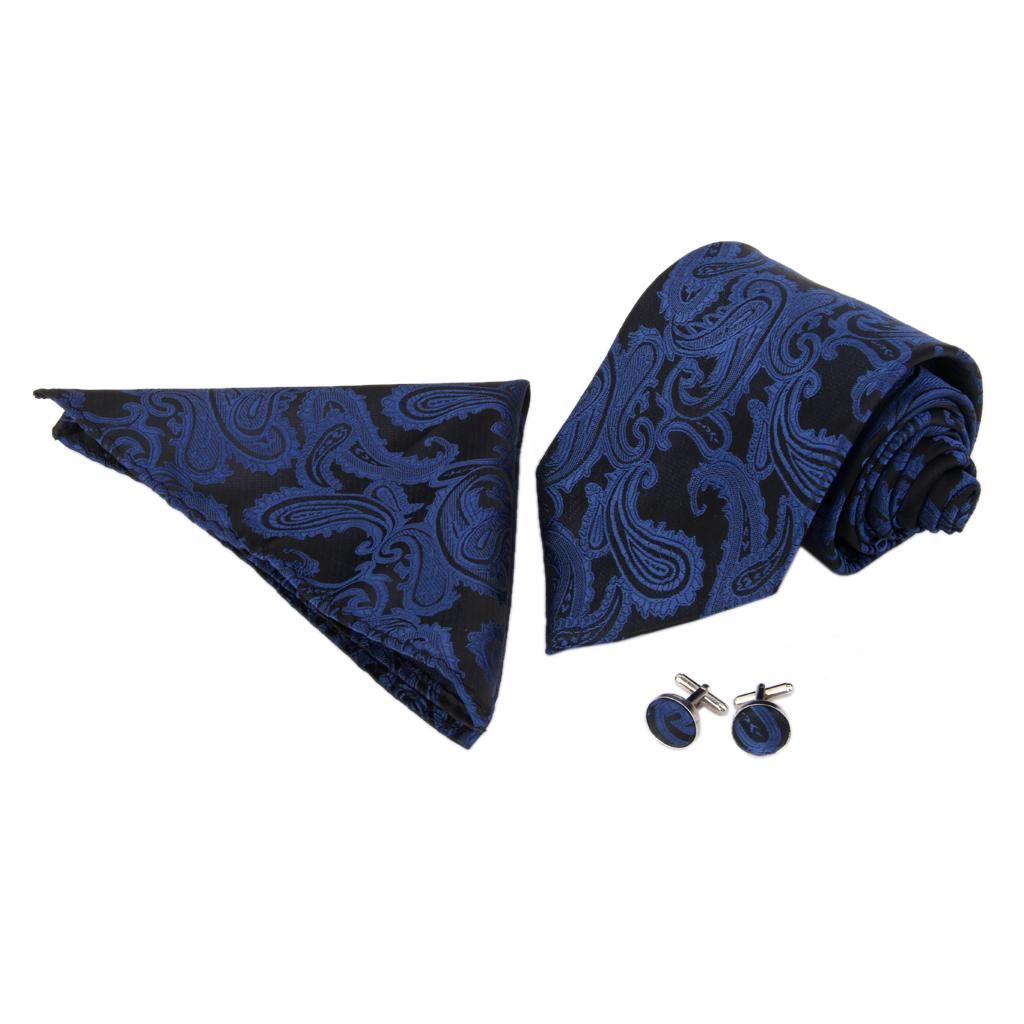 Mens  Jacquard Tie Hanky Cufflink Set Wedding Evening Party Dark Blue