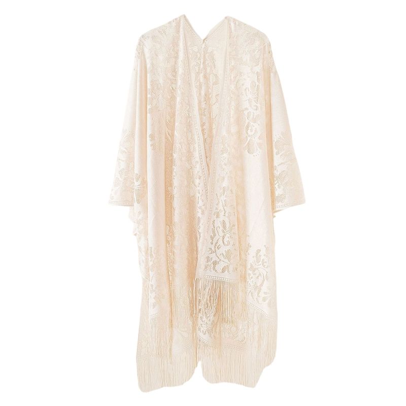 (Beige)Women Summer Lace Bikini Swimsuit Cover Up Hollow Out Crochet Floral Fringe Tassels Open Front Cardigan Solid Color Oversize SMA